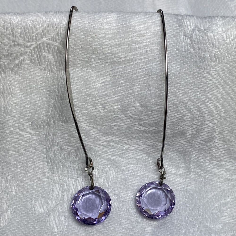 Purple Crystal Earrings Faceted Silver Tone Dangling Drop Comet - Picture 5 of 8